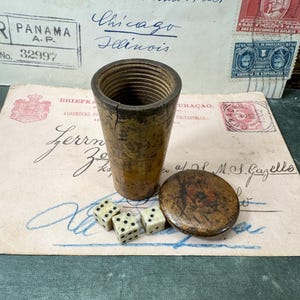 Antique Wooden Dice Shaker Set with Dice- Travel Game- Gambling Accessory