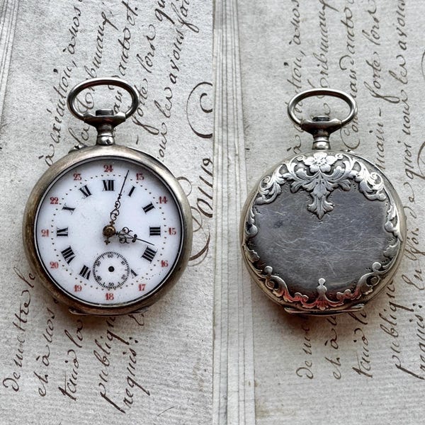 Antique Silver Pocket Watch with Roman Numerals & Ornate Floral Case- European