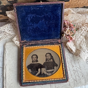 Antique Daguerreotype: Two Girls in Mourning Attire, 1800s Photo