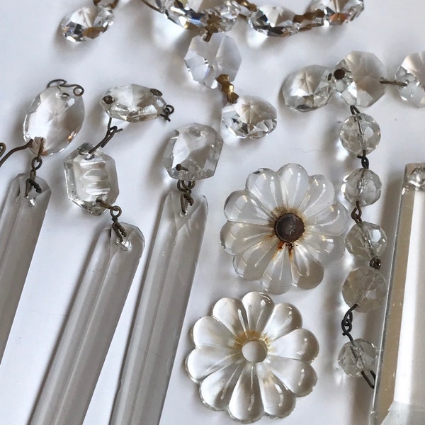 Vintage CHANDELIER CRYSTALS- Glass Drops- Sun Catcher Ornament- Crystal Prism Lot Odds & Ends- Ornament Antique Lamp Parts