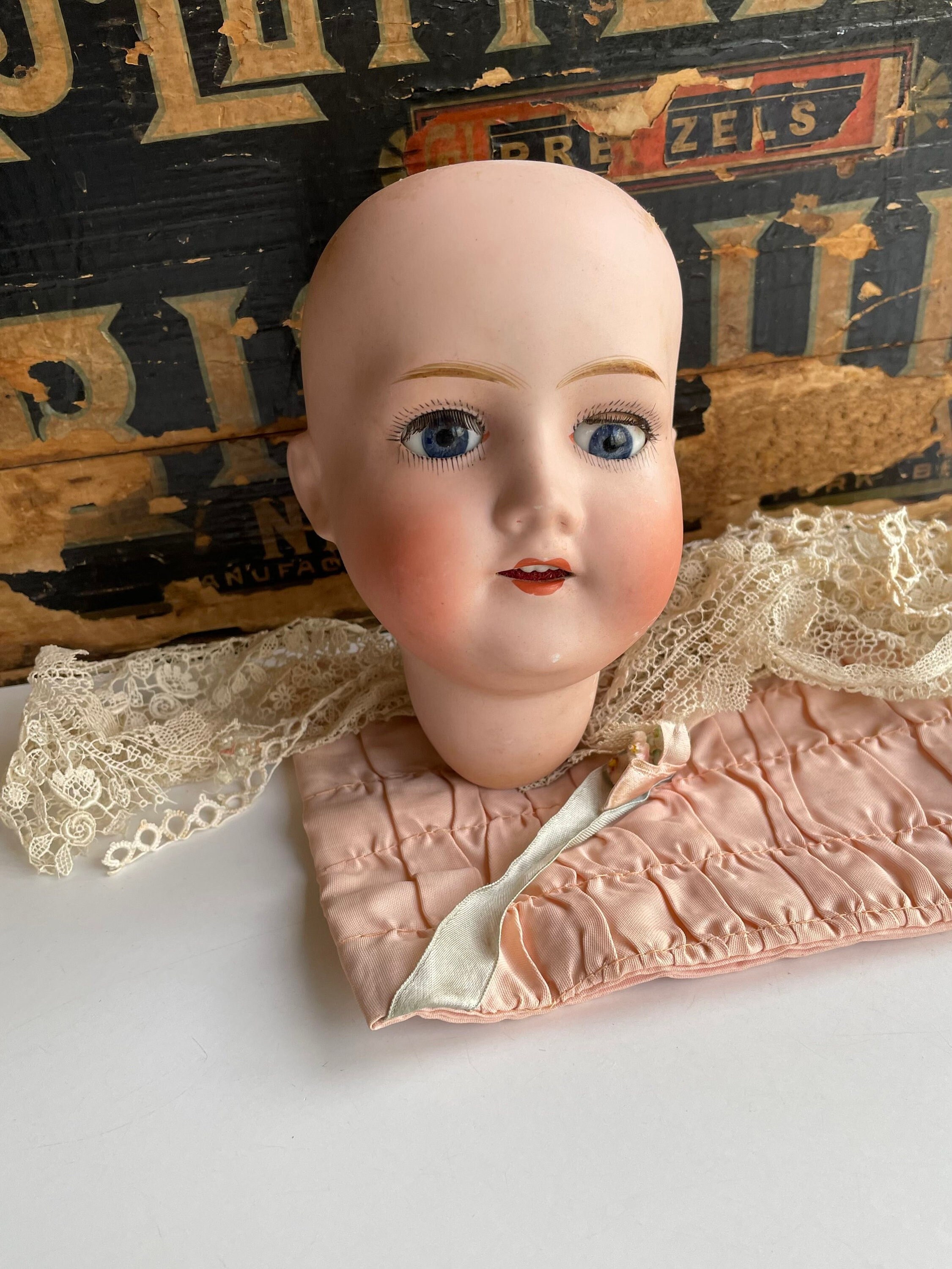 Antique Bisque Doll Head With Glass Eyes Made in Japan 