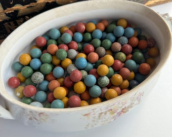 Antique Clay Marbles (12) from France- Bright Colors Vintage Game Pieces
