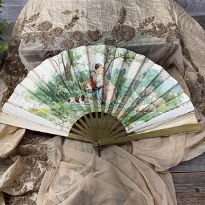 Antique French Advertising Fan: Pastoral Scene, Gilded Wood - Belle Époque