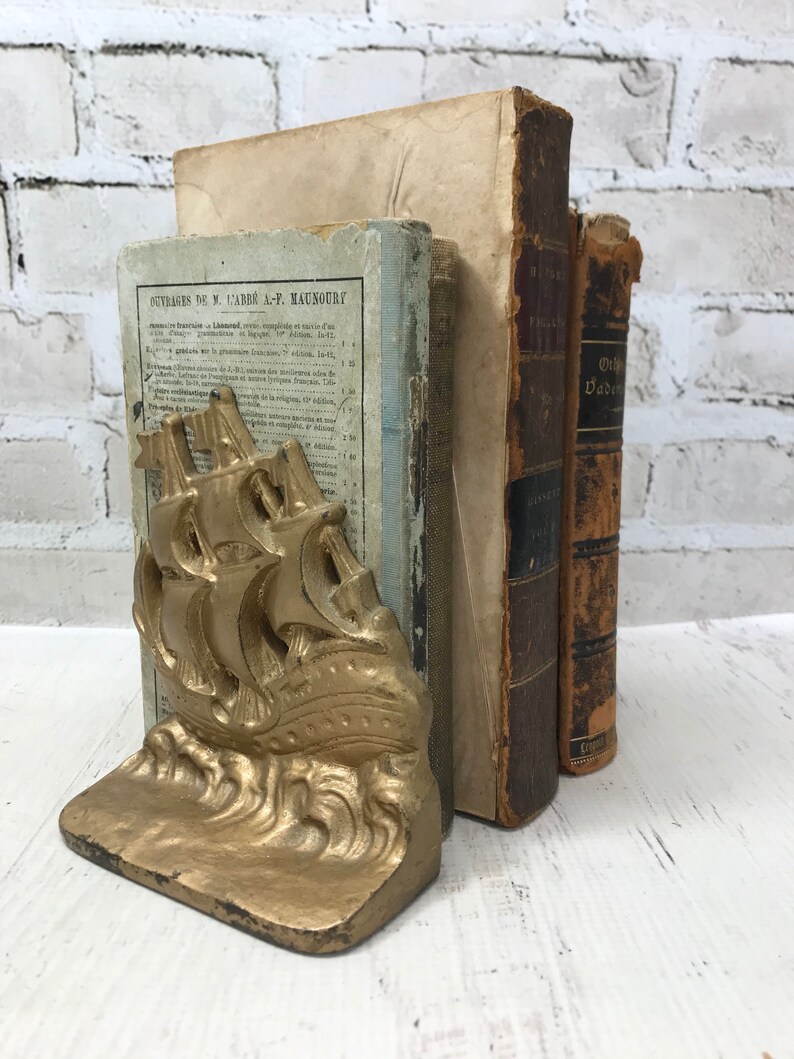 Vintage Ship BOOKENDS Gold Patina Bookends Library Decor Etsy
