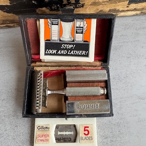 Juego de maquinilla de afeitar de seguridad Ever-Ready antigua con hojas y estuche, kit de aseo coleccionable vintage de los años 20