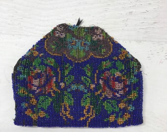 Antique Beaded Purse with Silk Lining- Cobalt Blue Glass Beads Victorian Antique Bag- Collectible