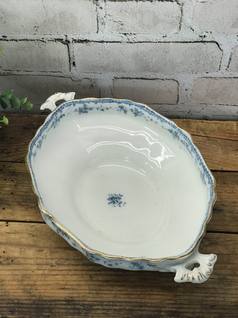 Vintage Furnivals Ltd. Walden Tureen England Blue and White Porcelain with Gold Rim Covered Serving Dish image 4