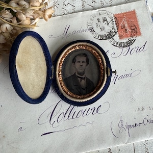 Antique Velvet Daguerreotype Case with Portrait of Man, Victorian Keepsake