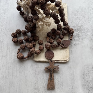 Large Carved Wood Rosary: Antique French Devotional with Lourdes Cross