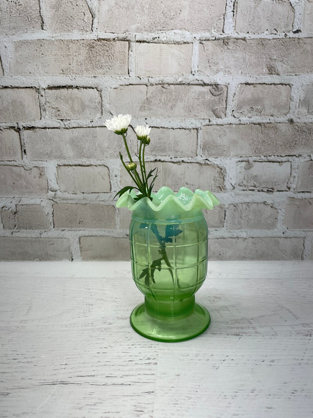 Green Opalescent Glass Vase With Fluted Top Flower Vase Etsy