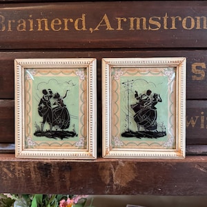 Vintage Silhouette Art Pair, Romantic Sweethearts Scenes on Glass, Reverse Painting, Framed Pair