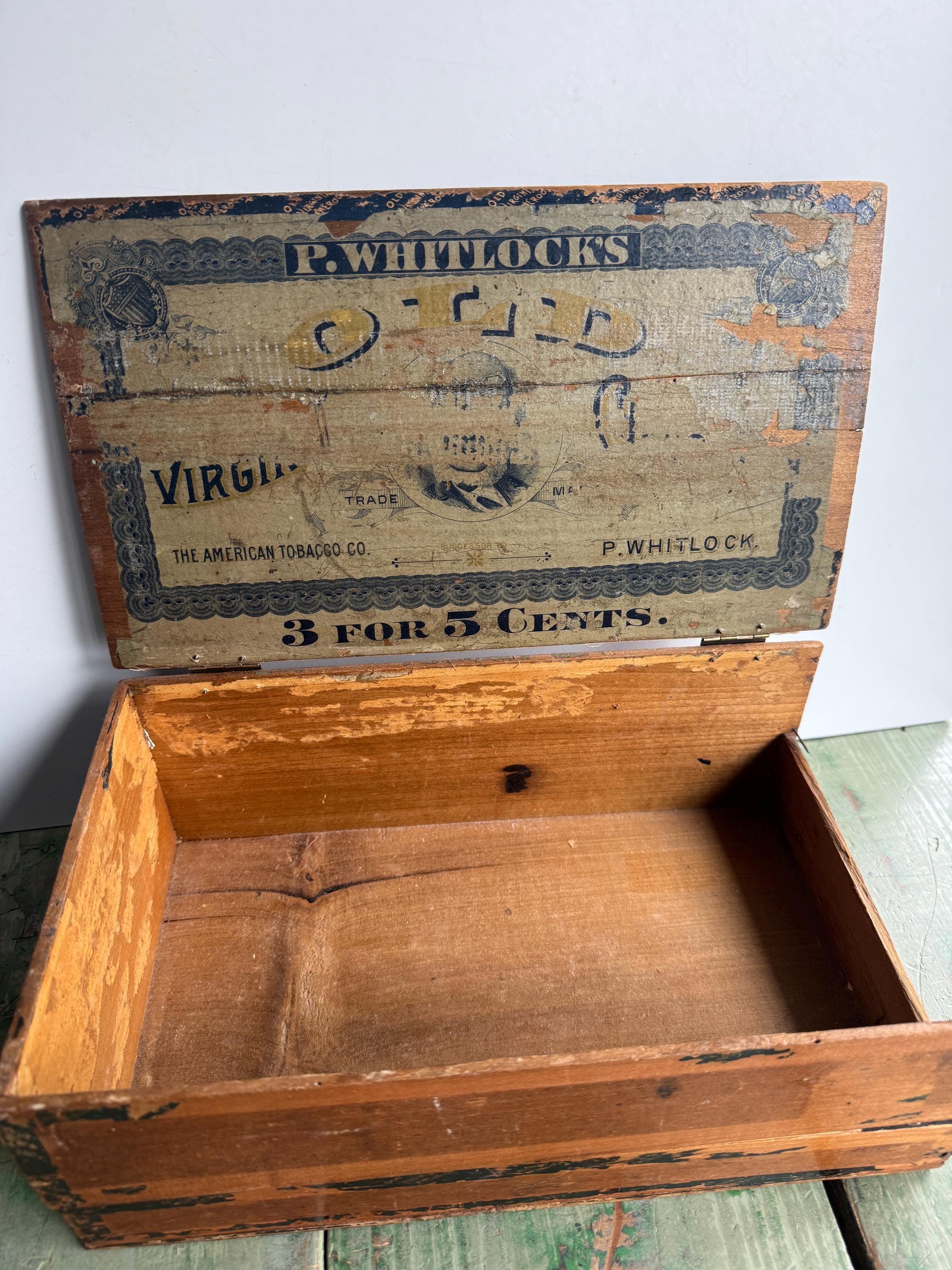 Antique P. Whitlock's Tobacco Box- Old Virginia Cheroots Wooden