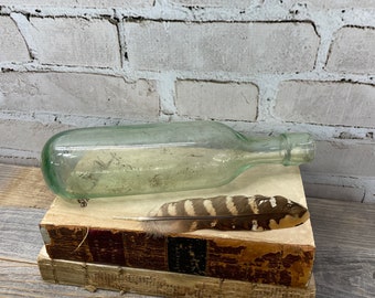 Antique Bottle- Round Bottom- Blob Top Rare Bottle Blue Green Glass- Vintage Soda Bottle- 1800's Collectible Bottle- Torpedo Bottle