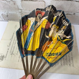 Antique French Advertising Fan- Bière du Fort Carré, St. Dizier, Paper & Wood, 1920s Bar Ephemera
