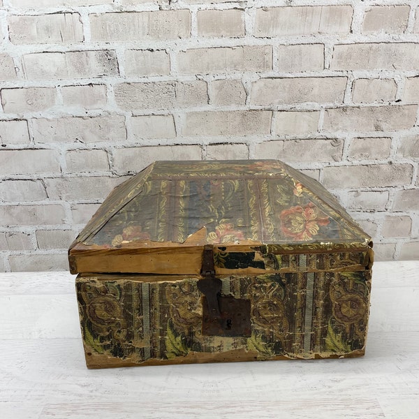 Antique French Box- 1800's Floral Paper Covered Bridal Dowry Chest Provincial Style- Old Lock- Storage Rare- One of a Kind