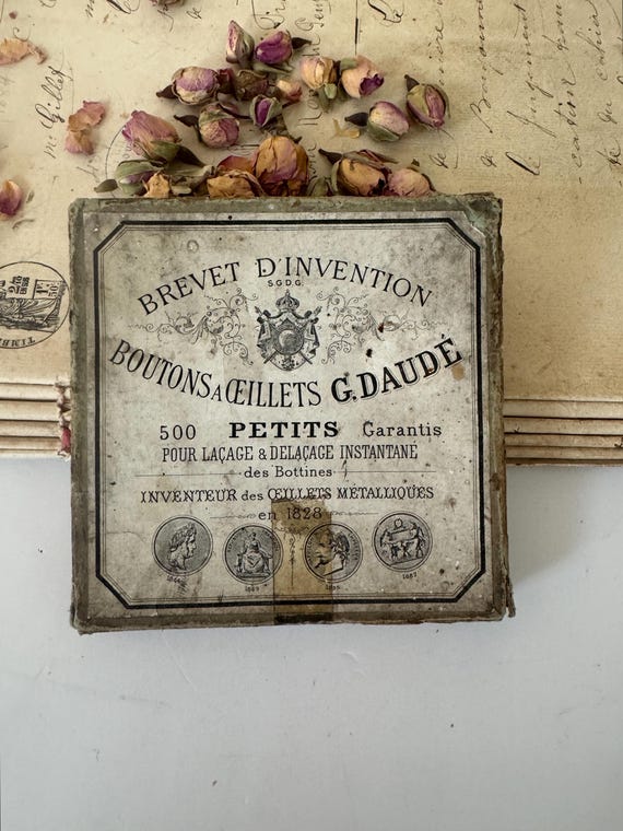Antique French Advertising Box- French Country Decor- Victorian Fasteners