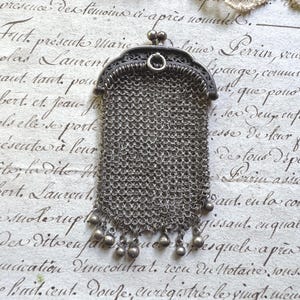 Antique Chatelaine Mesh Bag- Miniature Chainmaille Mesh Purse- Small Sized Purse Silver, Monnaie Pouch Ball Fringe