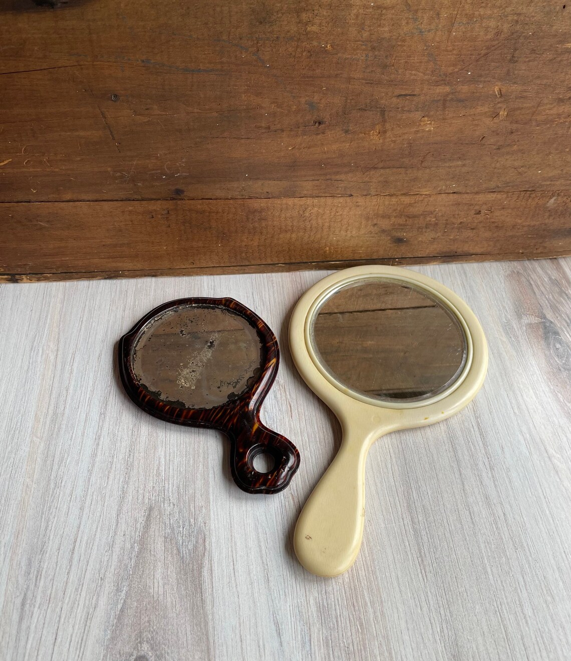 Vintage Hand Mirrors Celluloid Ivory Color and Wood Grain Etsy