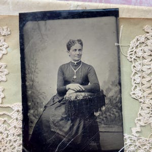 Antique Tintype Photo- Victorian Woman with Fringed Armrest- 1800&#39;s Portrait
