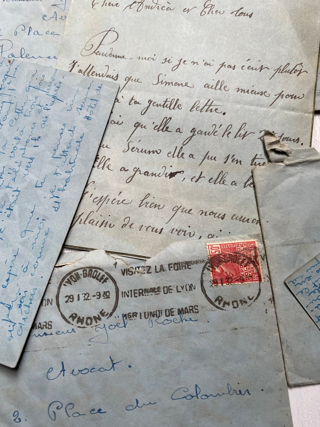 4 French Handwritten Envelopes and Letters 1930's Vintage Papers With