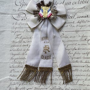 Vintage French Cocarde de Conscrit – White and Gold Ribbon Badge with Tassels