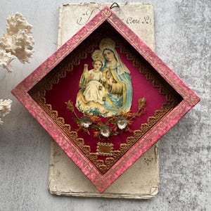 Antique Religious Reliquary Shadow Box, Virgin Mary & Christ Child