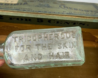 Antique Bottle- For the Skin and Hair- Tricopherous Bottle in Aqua- Seafoam Blue Green- Barry's New York Quack Medicine