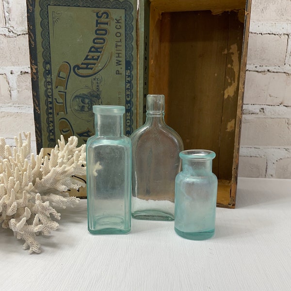 Antique Bottles- Seafoam Green Glass Vintage Bottles (3) Instant Collection Bottle Lot- Aqua