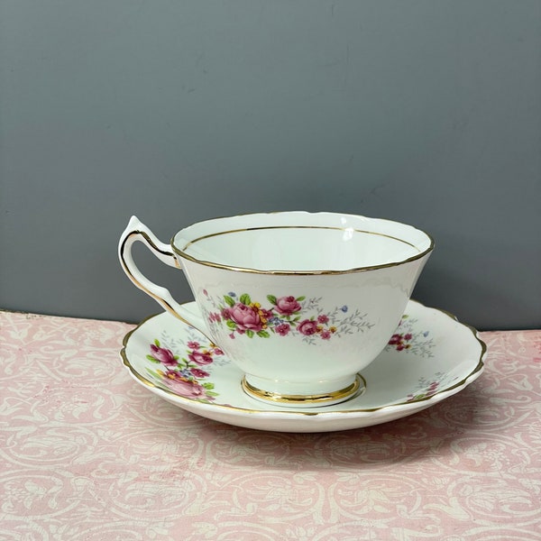 Vintage Woodlands Tea Cup and Saucer Genuine Bone China- Made in England- Floral- Pink Roses- Gold Trim- Teacup