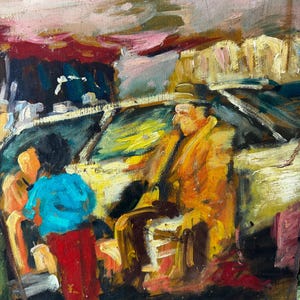 May include: An oil painting in an impressionistic style, showing a street scene with figures. The artwork features a man in a yellow coat and hat seated near a car, with other figures in the foreground. The colour palette includes shades of yellow, red, blue, and pink.