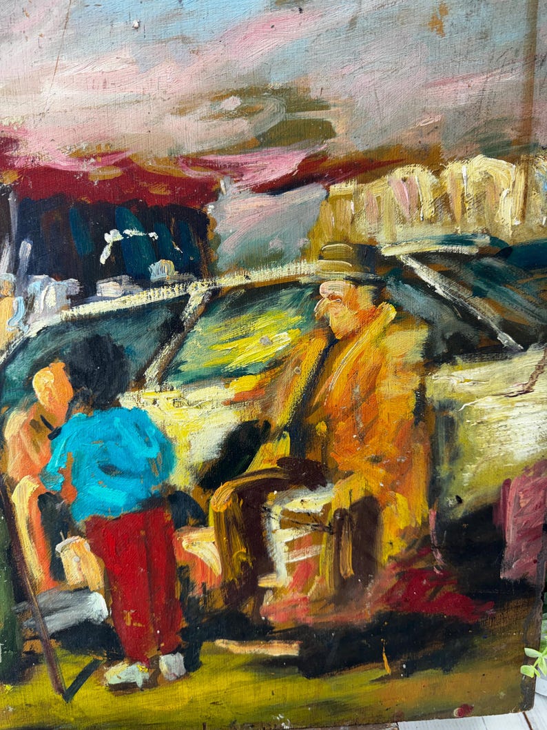 May include: An oil painting in an impressionistic style, showing a street scene with figures. The artwork features a man in a yellow coat and hat seated near a car, with other figures in the foreground. The colour palette includes shades of yellow, red, blue, and pink.