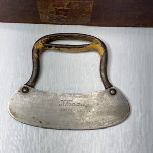 Vintage Voos Herb Chopper- Ulu Style Curved Blade- Rustic Kitchen Tool- Stainless
