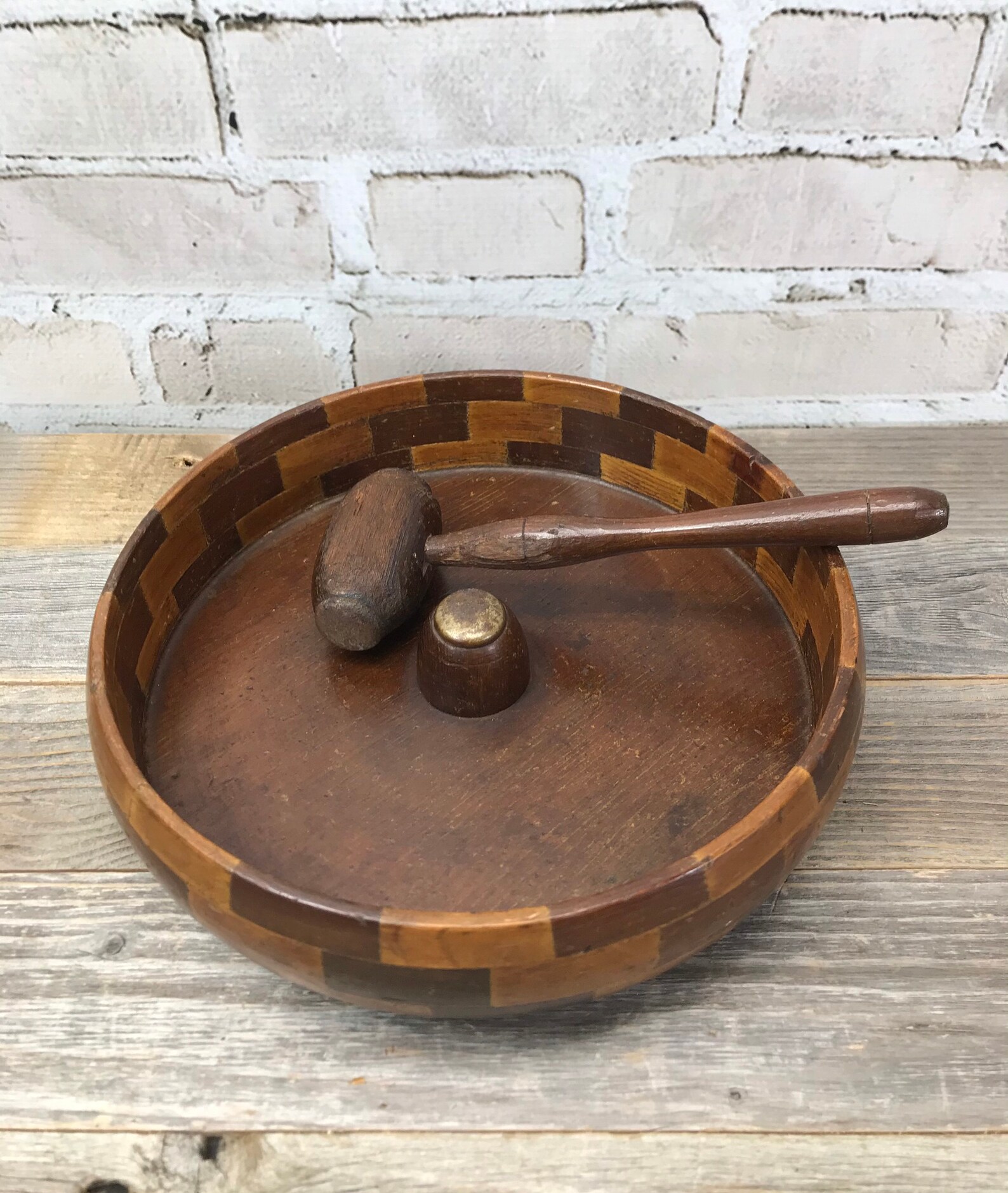 Vintage Wooden Nut Bowl with Mallet Hammer Mid Century Decor Etsy