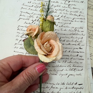 Antique French Millinery Flower Stem- Textured Peach Rose Corsage, Buds and Greenery- Early 1900&#39;s