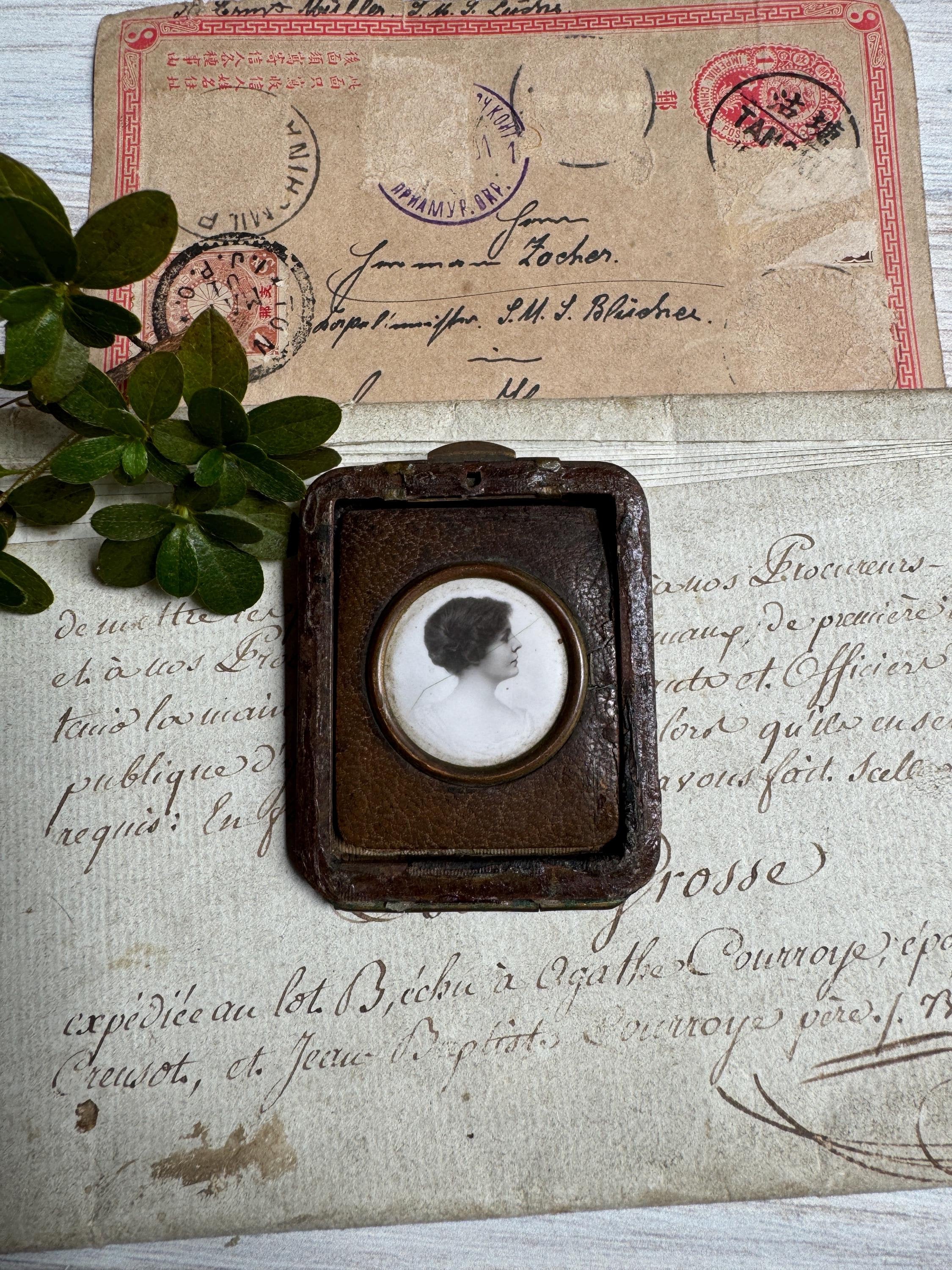 Antique Paris Portrait in Partial Case, Leather and Metal Frame, Rare French Woman Picture