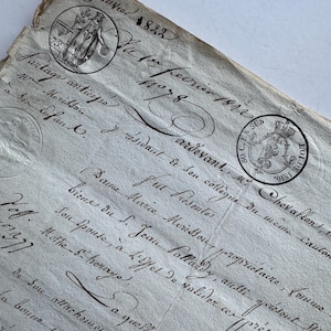 Antico documento manoscritto francese, 4 pagine, datato 1822, manoscritto storico, effimera cartacea, collage, sigilli, francobolli ufficiali