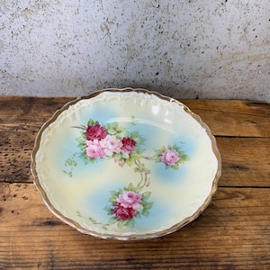 Antique Hand Painted Rose Dish, Gold Trim Edge, Germany, Signed Floral, Shabby Chic Romantic