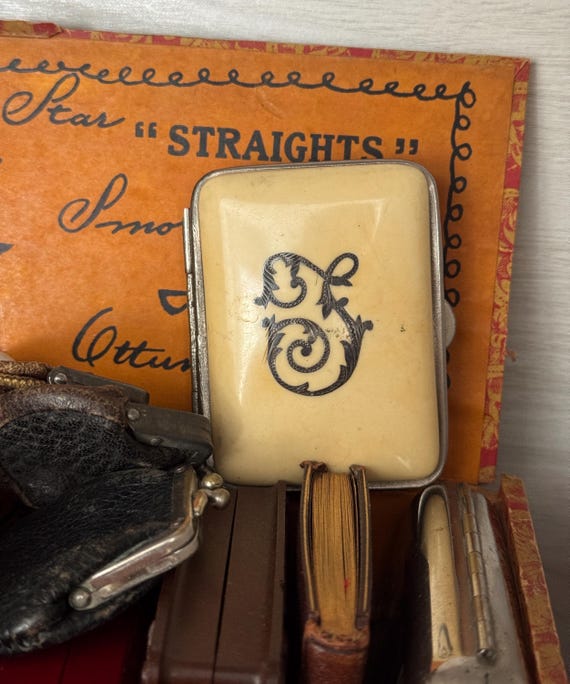 Antique French Celluloid Coin Purse- Monogrammed Change Purse- Miniature Case with Blue Interior