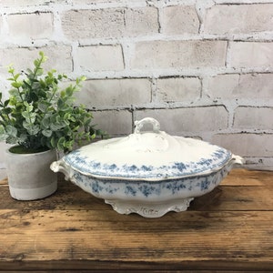 Vintage Furnivals Ltd. Walden Tureen England Blue and White Porcelain with Gold Rim Covered Serving Dish image 1