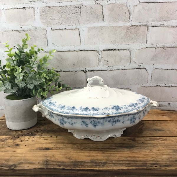 Vintage Furnivals Ltd. Walden Tureen England- Blue and White Porcelain with Gold Rim- Covered Serving Dish