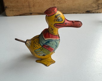 Vintage Tin Duck Toy- Wind Up Litho Duck van J. Chein Made in USA- Niet werkende- Waddling Duck