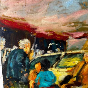 May include: Oil painting in an impressionistic style showing a busy outdoor scene. Several figures are gathered near a yellow vehicle. The sky is painted with strokes of pink, red, and blue, creating a vibrant and textured artwork.