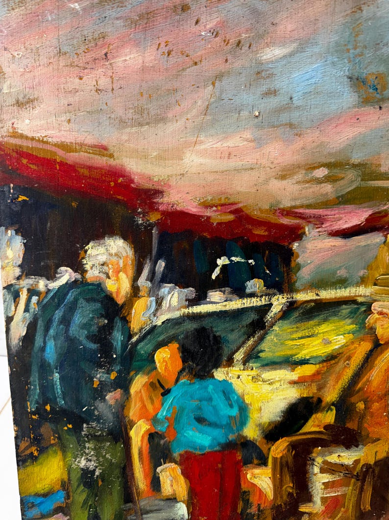 May include: Oil painting in an impressionistic style showing a busy outdoor scene. Several figures are gathered near a yellow vehicle. The sky is painted with strokes of pink, red, and blue, creating a vibrant and textured artwork.