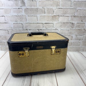 Vintage Train Case, Tweed and Leather Hard Shell Luggage, Cavanaugh, Stacking Suitcase