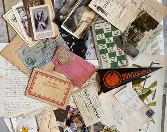 Huge Paper Ephemera Lot, Handwritten Pages, Post Cards, French Items, Receipts, Tags, Scrapbooking Mixed Media, Collage