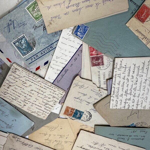 6 French Handwritten Envelopes and Letters Vintage Papers with Script Writing- Paper Ephemera France Foreign Writing Mixed Media