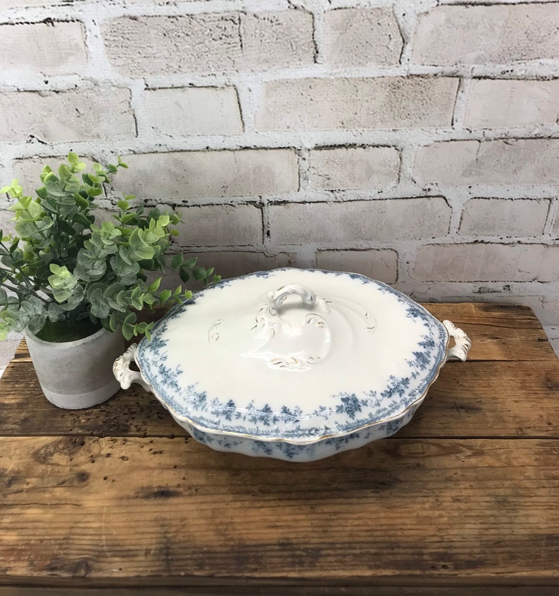 Vintage Furnivals Ltd. Walden Tureen England Blue and White Porcelain with Gold Rim Covered Serving Dish image 3