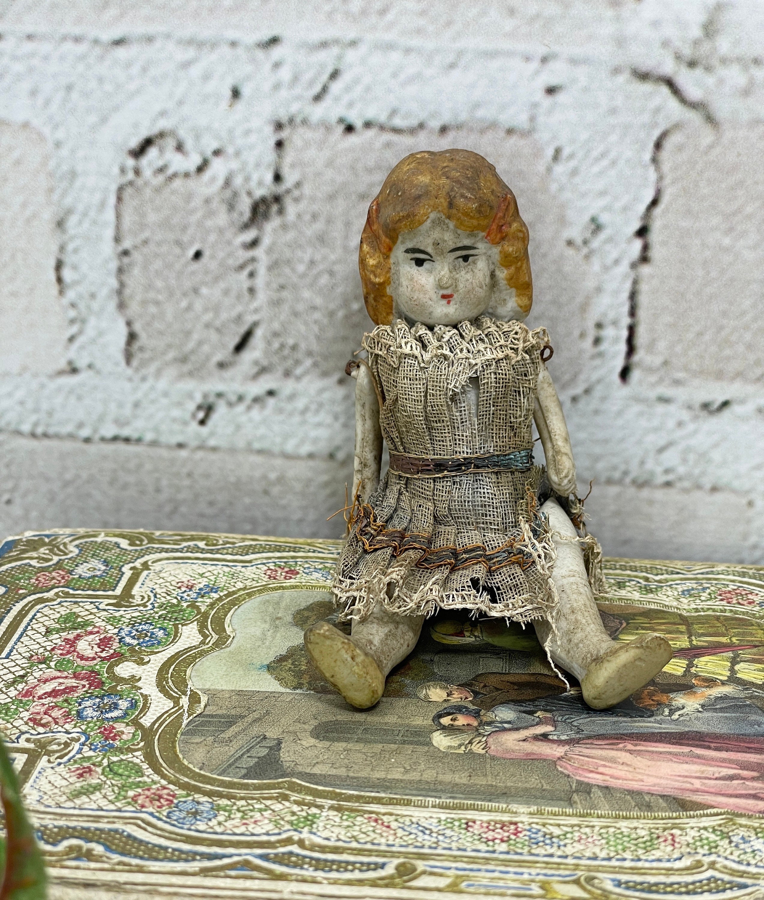 【antique doll】lithograph vintage Wonderful Antique Petite Bisque Head Doll Fully Jointed Body