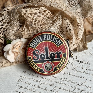 Vintage French Shoe Polish Tin- Red and Black with Graphics Boot Polish Solor