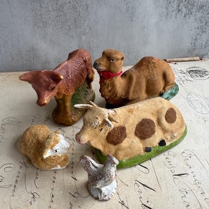 Antique Nativity Animal Figures, Germany Farm Barn Animals, Cow, Camel, Lamb, Chicken